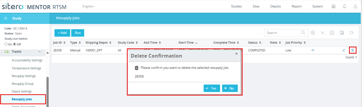 Delete Resupply Job Record