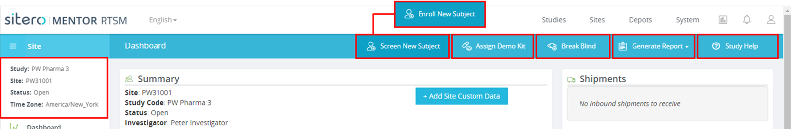 Overview of RTSM Sites Screen