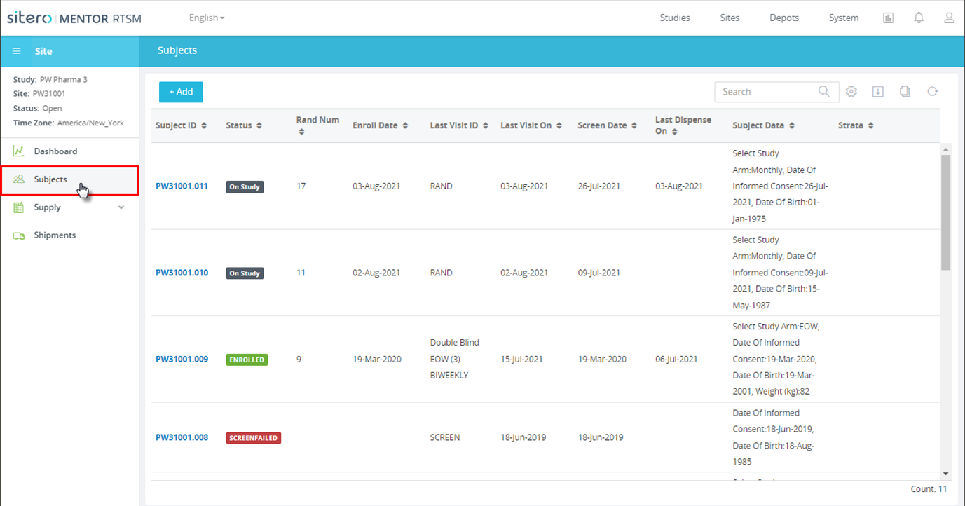 Subjects Screen in RTSM