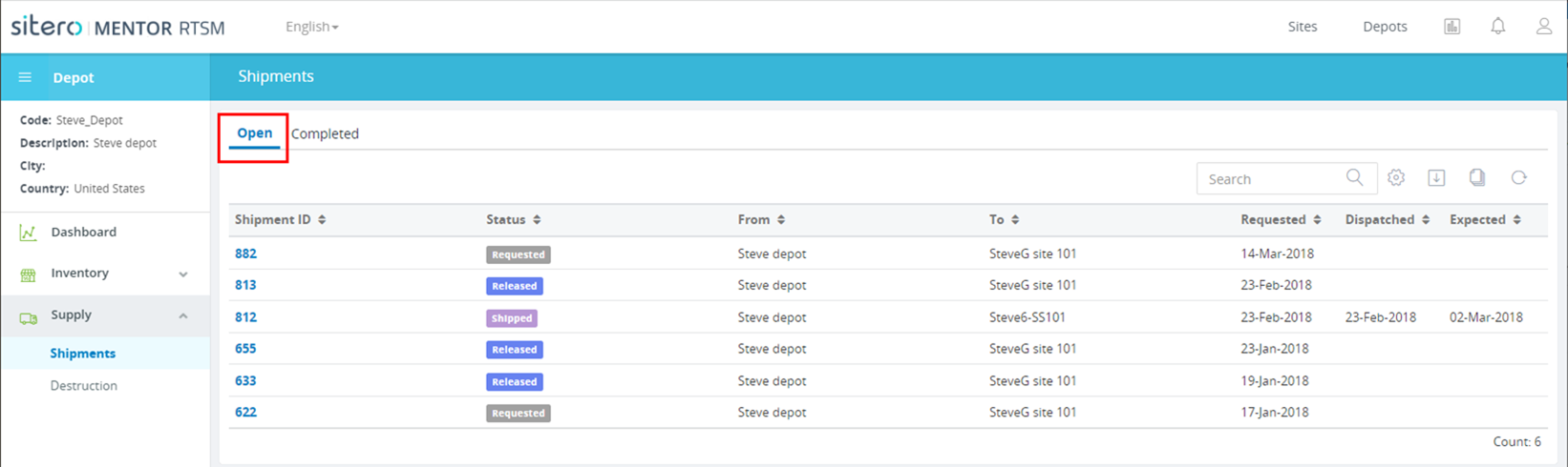 RTSM Shipments Grid-Open Tab