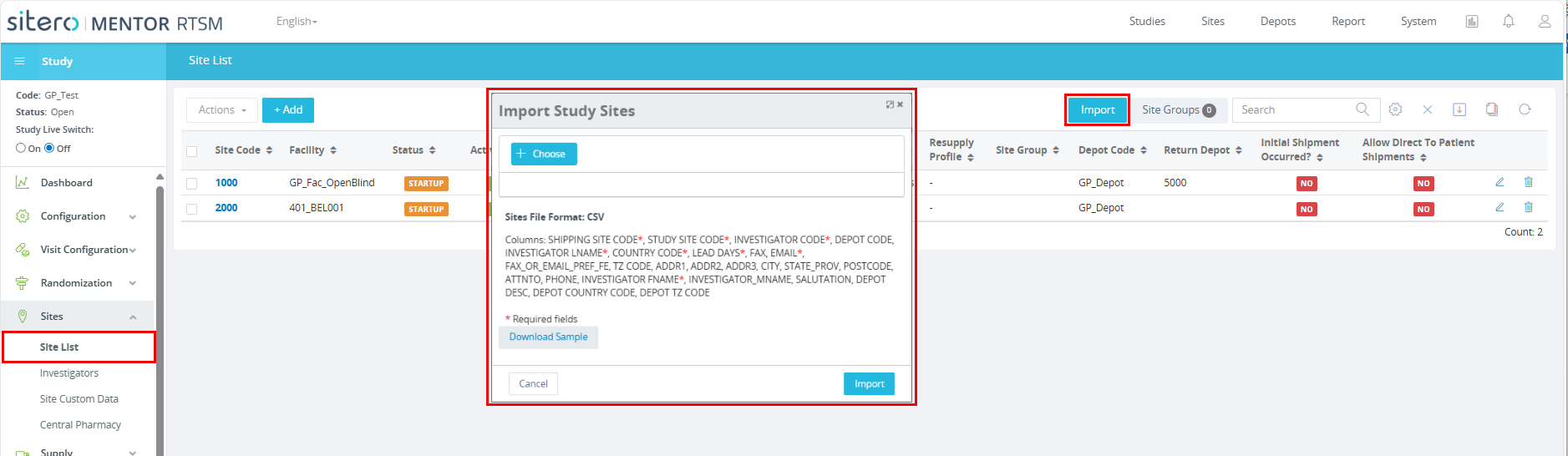RTSM-ImportStudySite